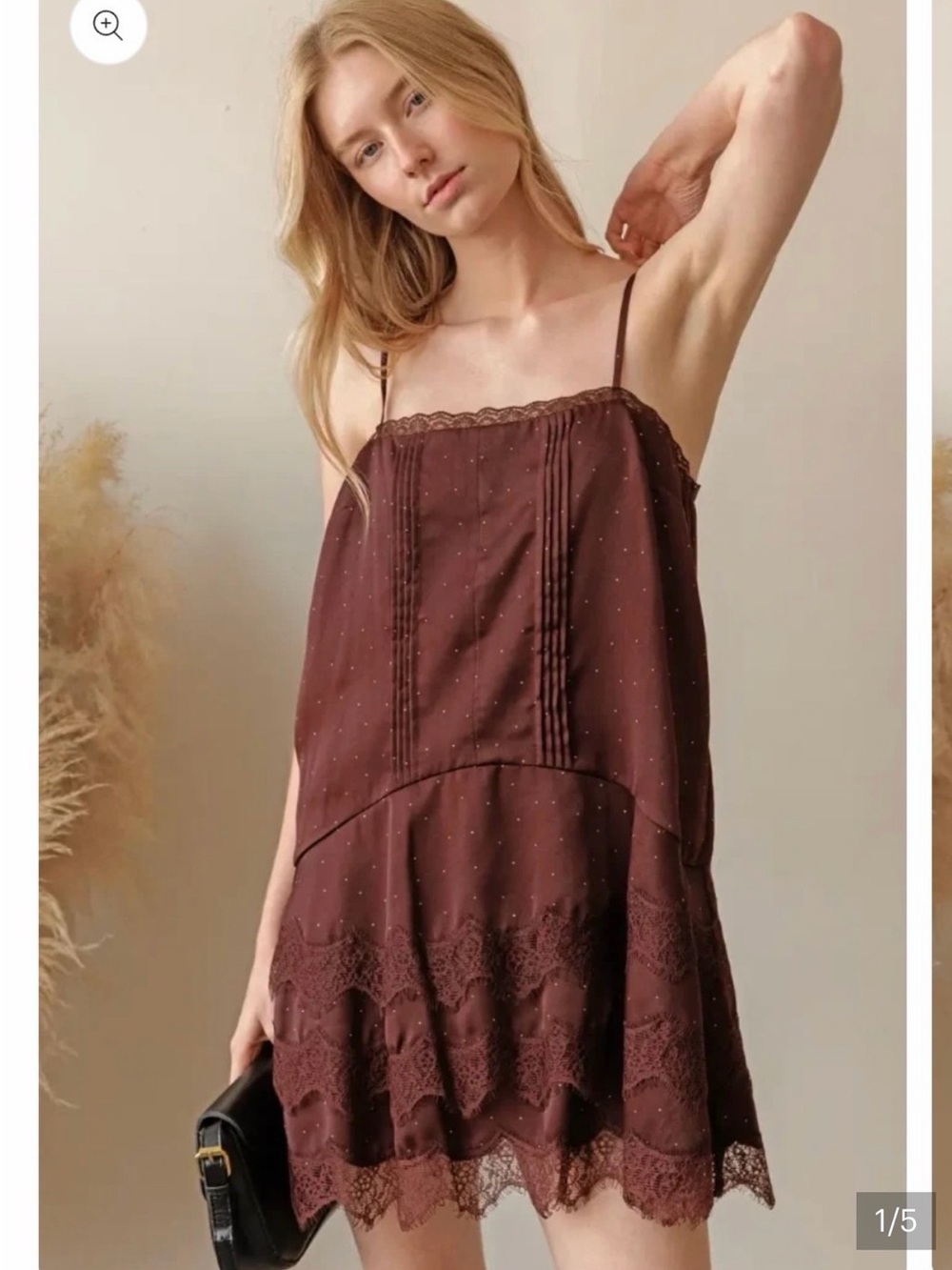 Storia Brown Lace-Trim Spaghetti Strap Camisole Dress
